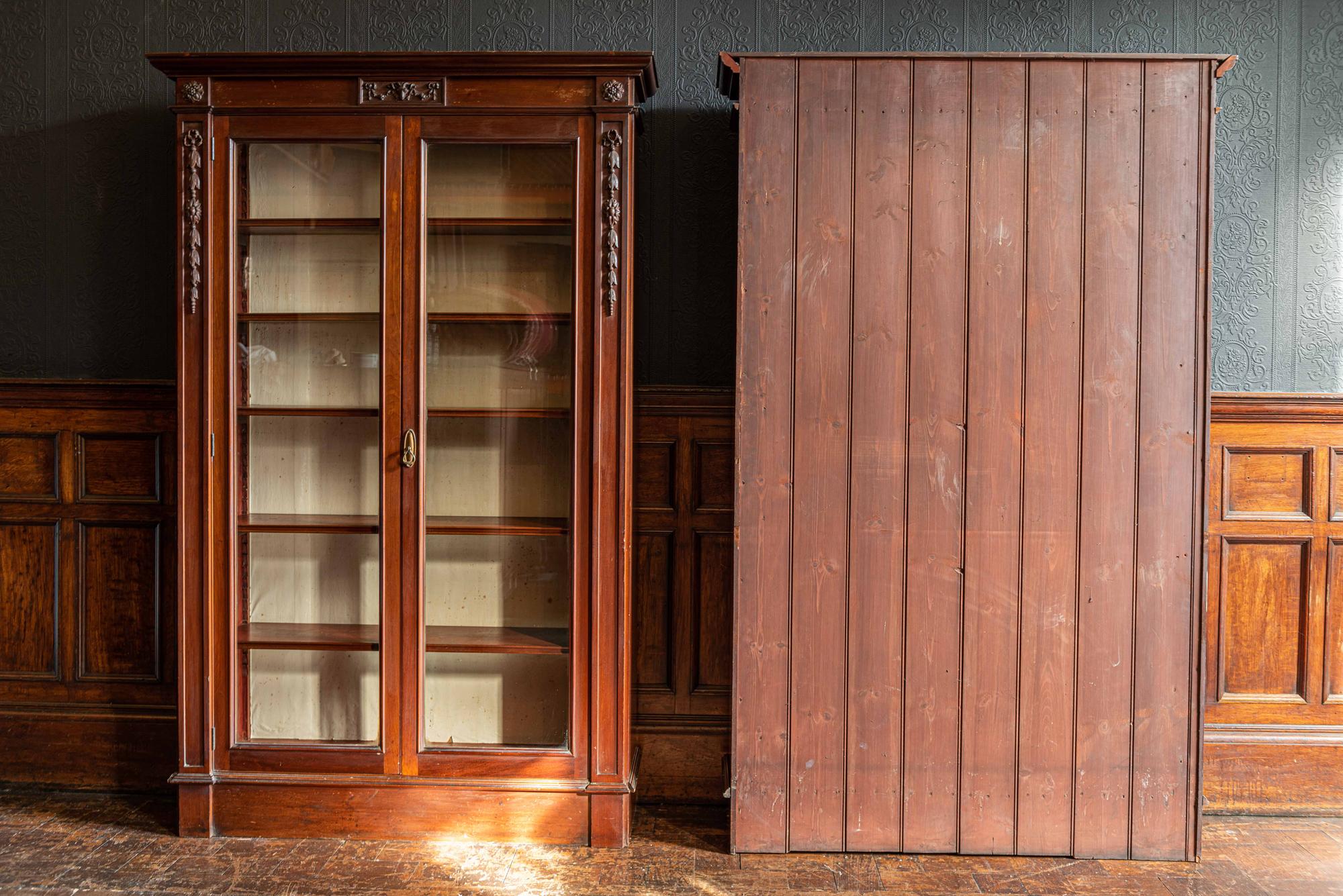 British Pair of English Country House Solid Mahogany Glazed Bookcases