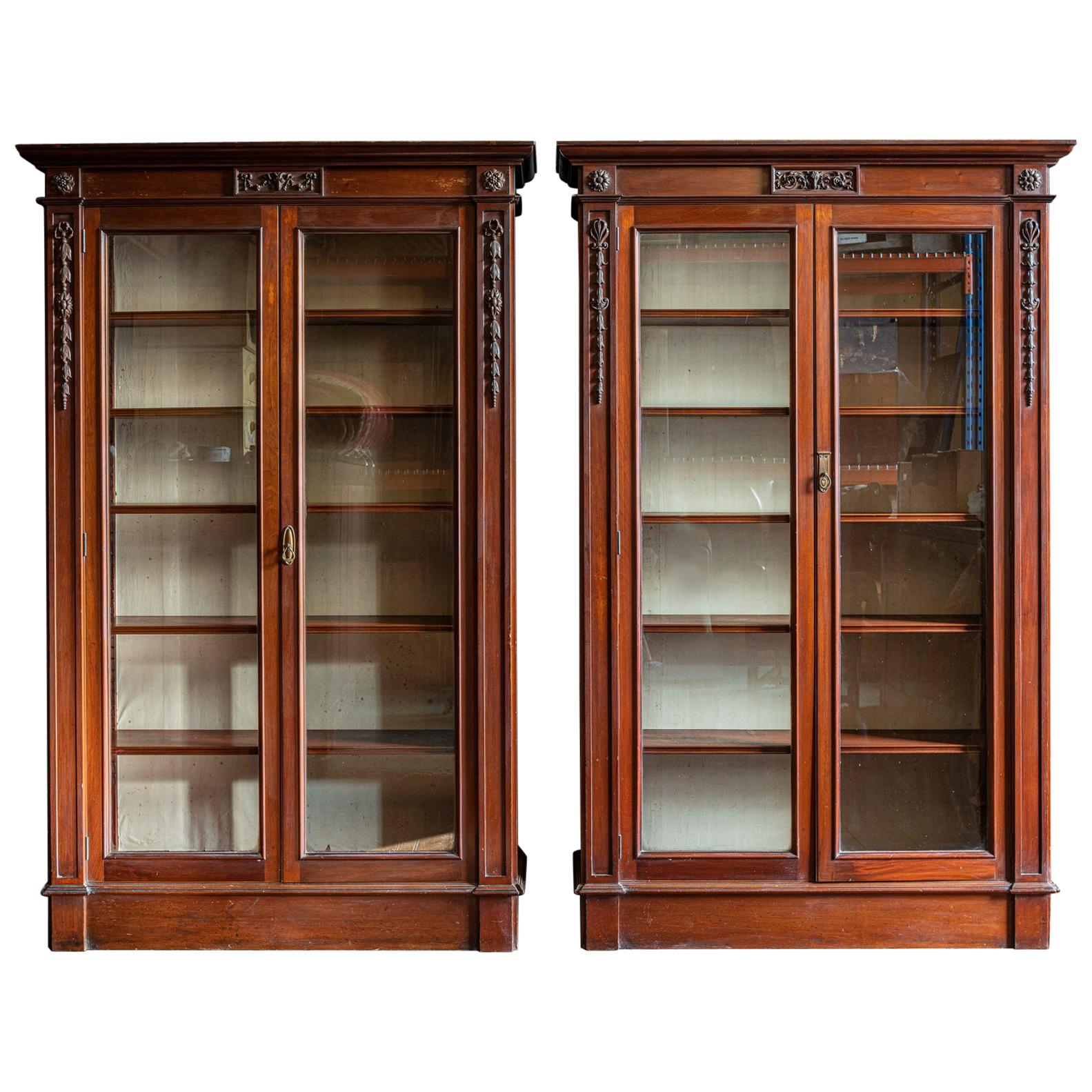 Pair of English Country House Solid Mahogany Glazed Bookcases