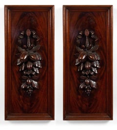 Pair of English Country Mahogany Carved Floral Wall Plaques