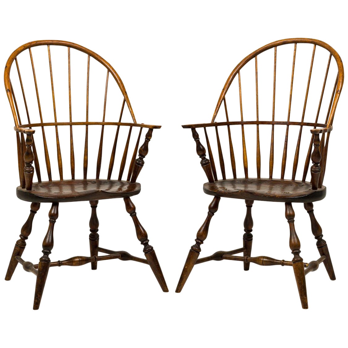 Pair of English Country Windsor Back Carved Oak Dining Armchairs