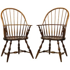 Pair of English Country Windsor Back Carved Oak Dining Armchairs