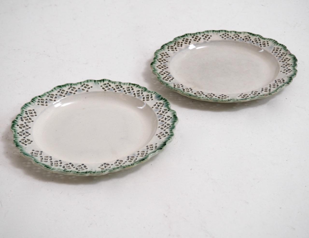 Pair of English creamware plates, 18th century, from important Danish collection
H. 2 Dia. 21 cm 
H. 0.7 Dia. 8.2 in