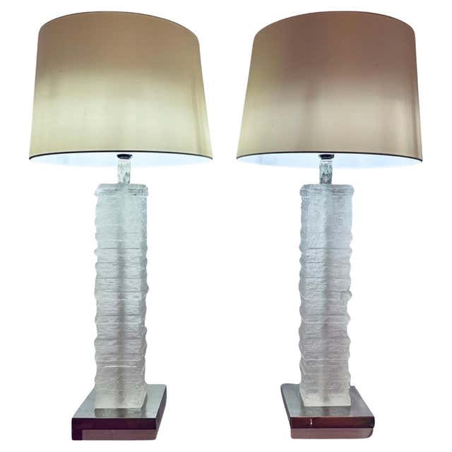 Pair of English Crystal Frosted Glass Strata Column Porta Romana Table ...