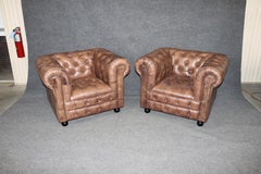 Pair of English Custom Chesterfield Brown Distressed Leather Tufted Club Chairs