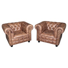 Pair of English Custom Chesterfield Brown Distressed Leather Tufted Club Chairs