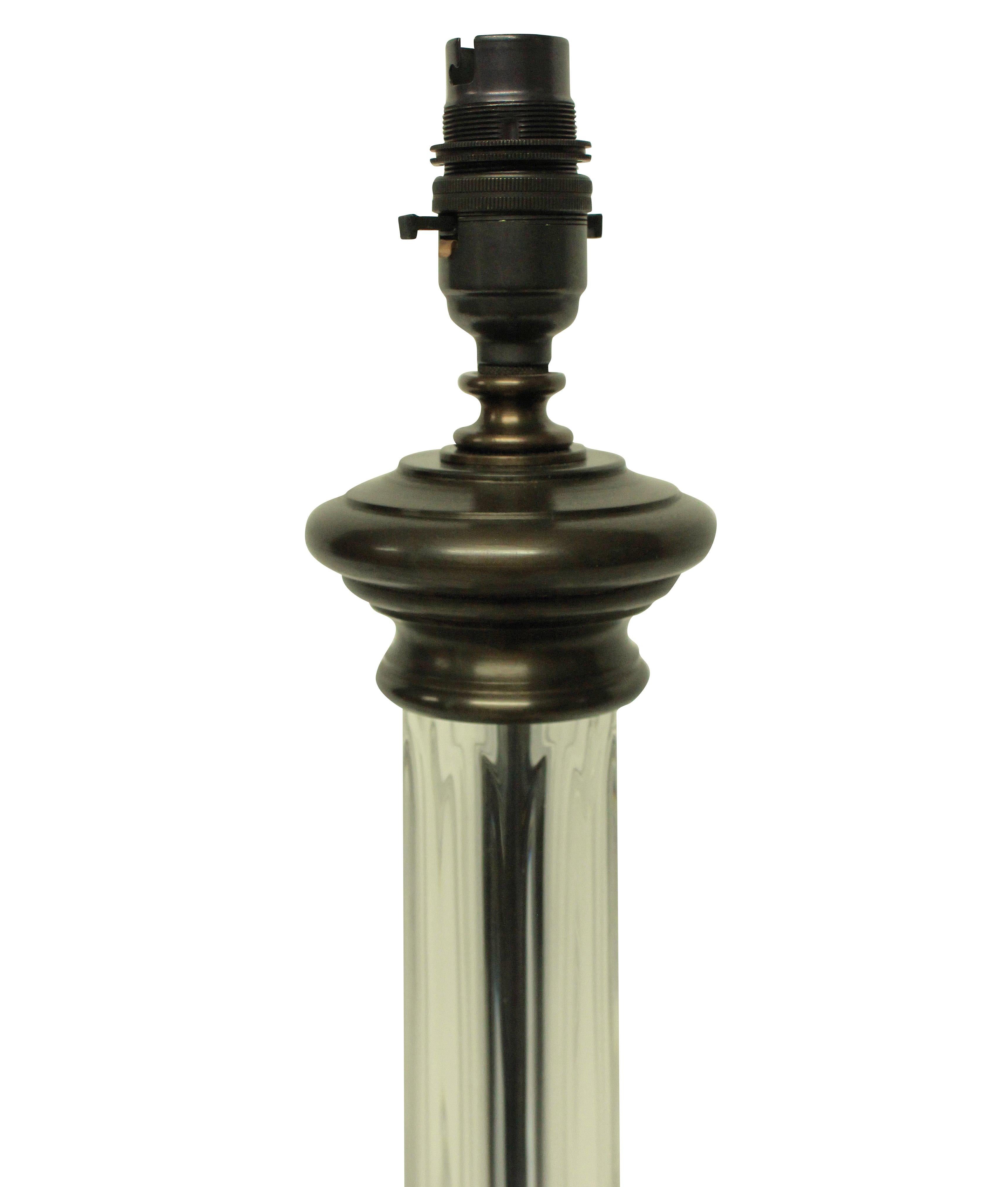 Neoclassical Pair of English Cut-Glass Column Lamps