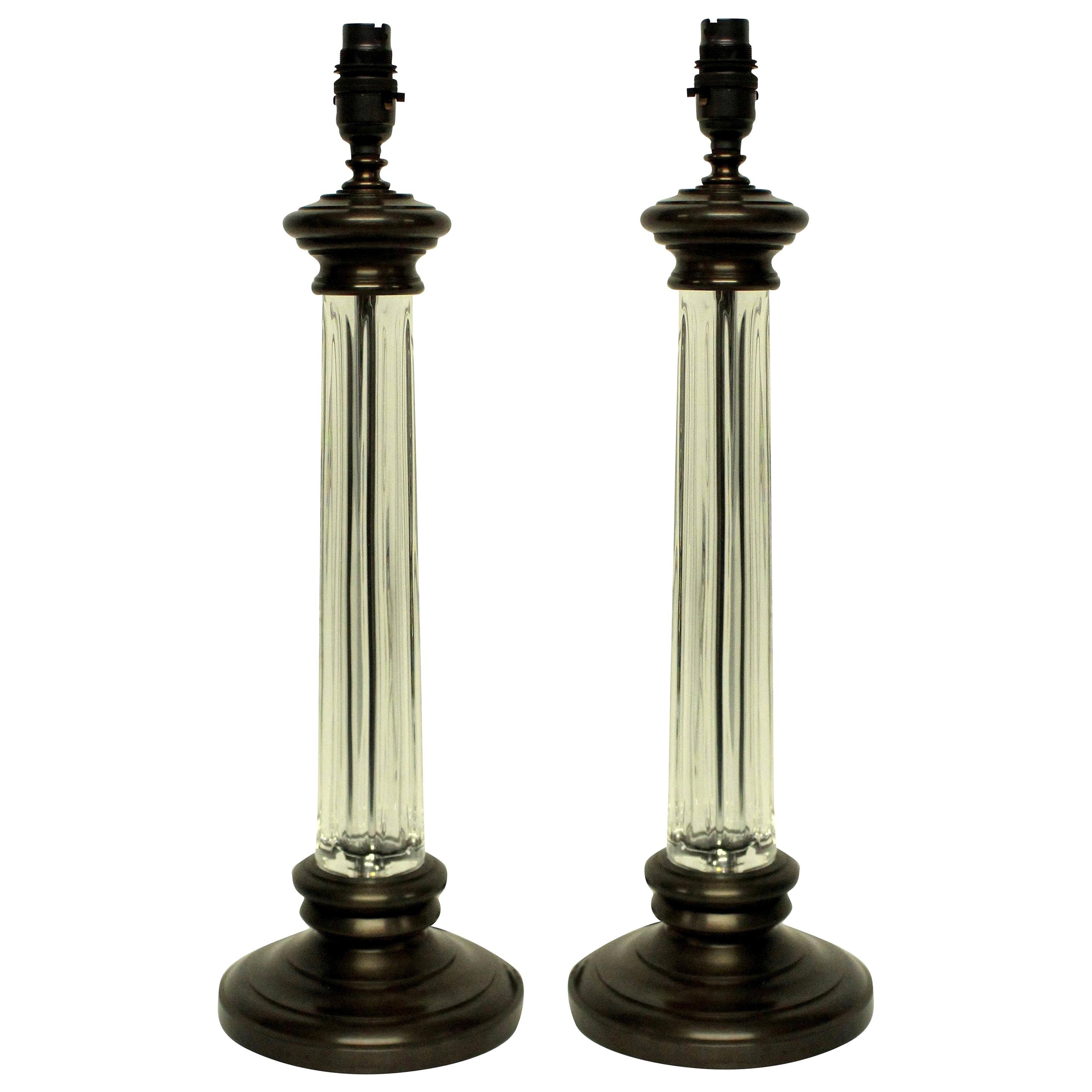 Pair of English Cut-Glass Column Lamps