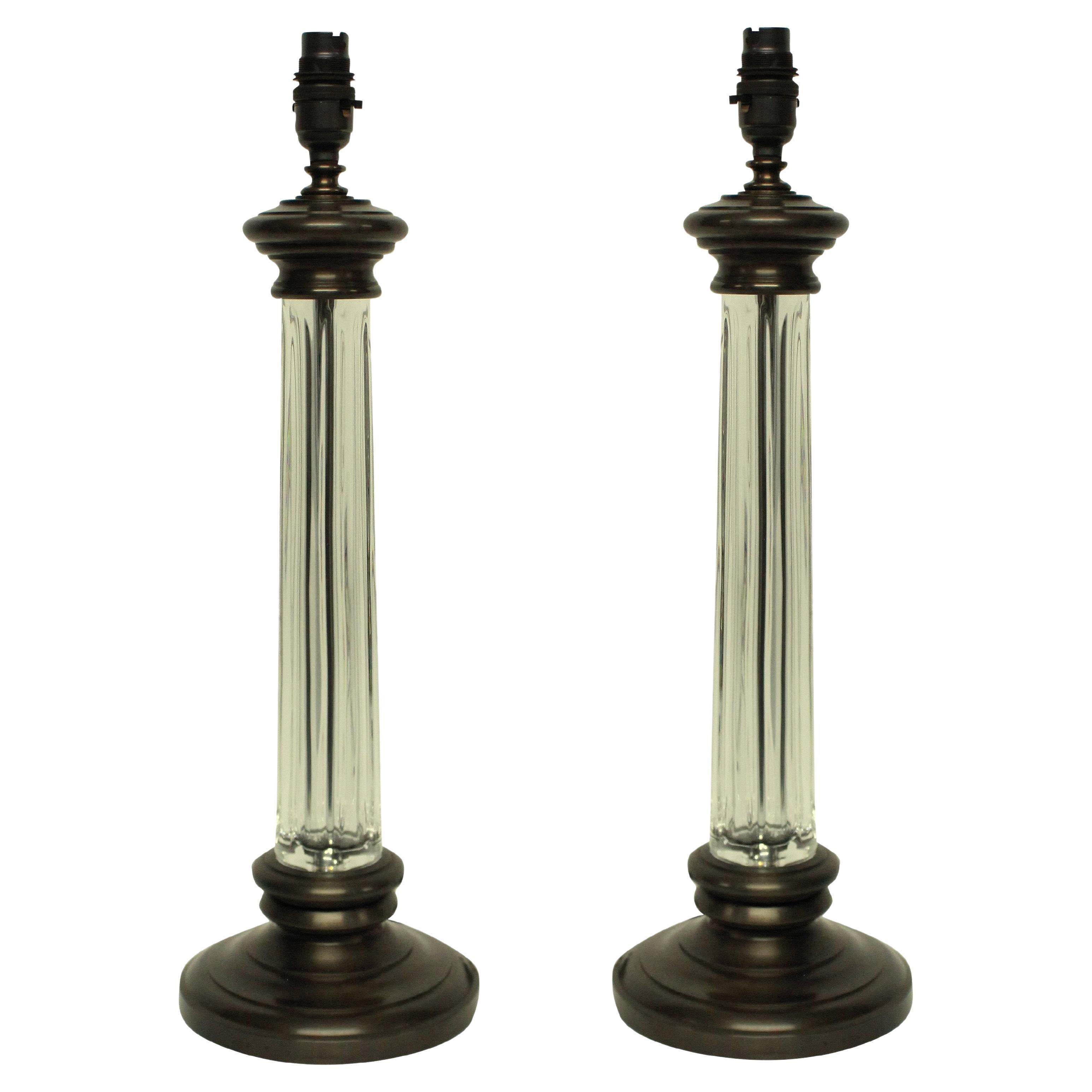 Pair of English Cut-Glass Column Lamps