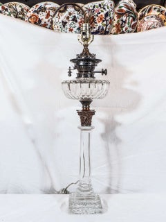 Pair of English Cut-Glass Oil Lamps Made Late 19th Century Now with New Wiring