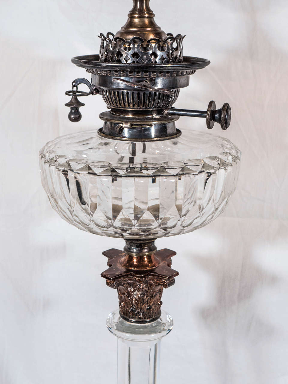 Neoclassical Pair of English Cut-Glass Oil Lamps Made Late 19th Century Now with New Wiring