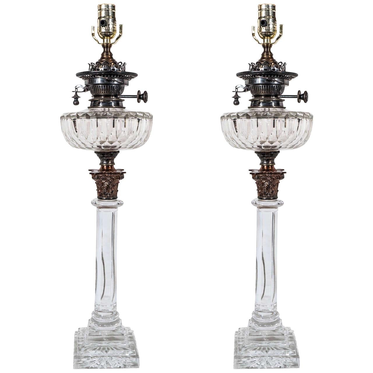 Pair of English Cut-Glass Oil Lamps Made Late 19th Century Now with New Wiring