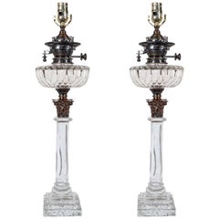 Antique Pair of English Cut-Glass Oil Lamps Made Late 19th Century Now with New Wiring