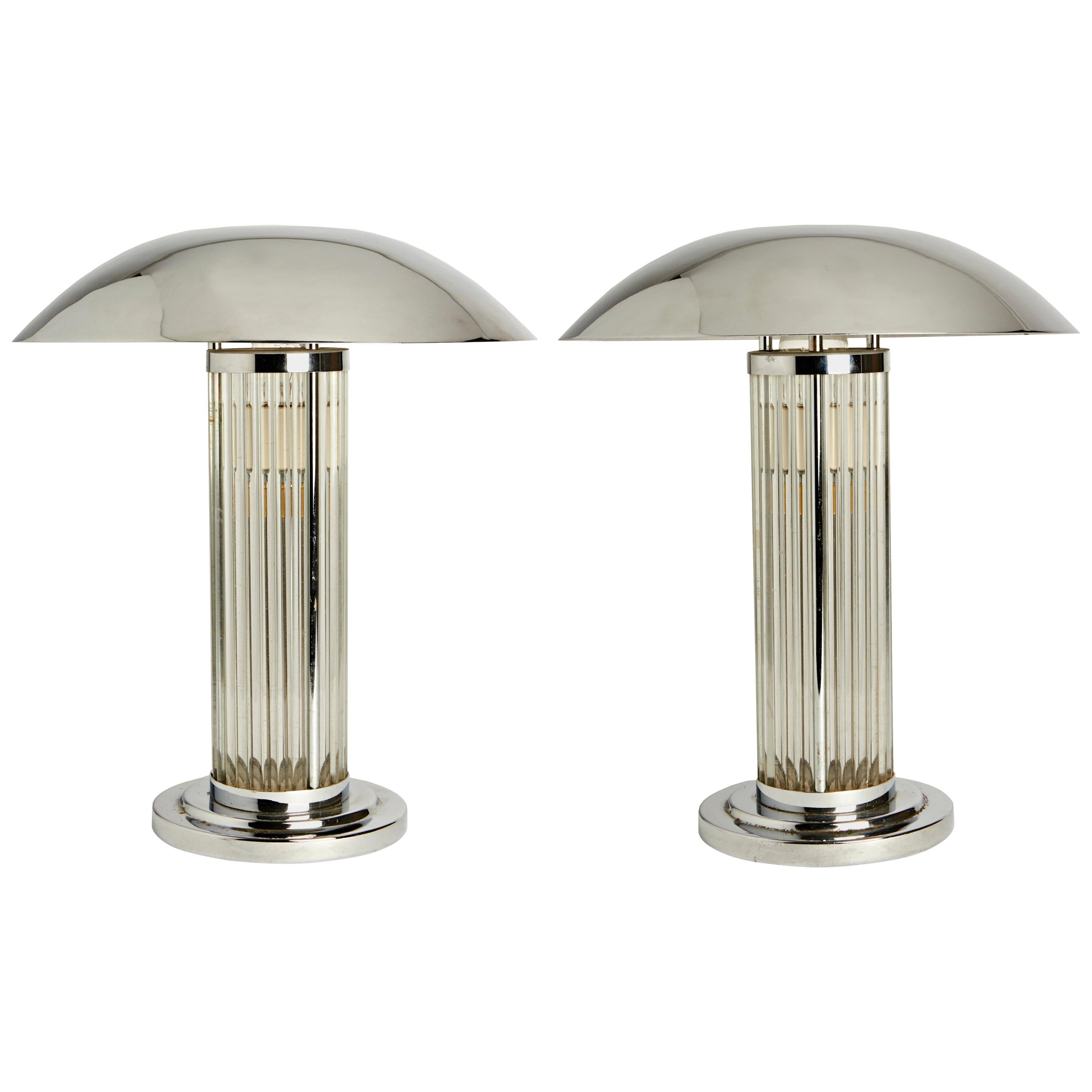 Pair of English Deco Revival Chrome and Glass Rod Lamps after Atelier Petitot