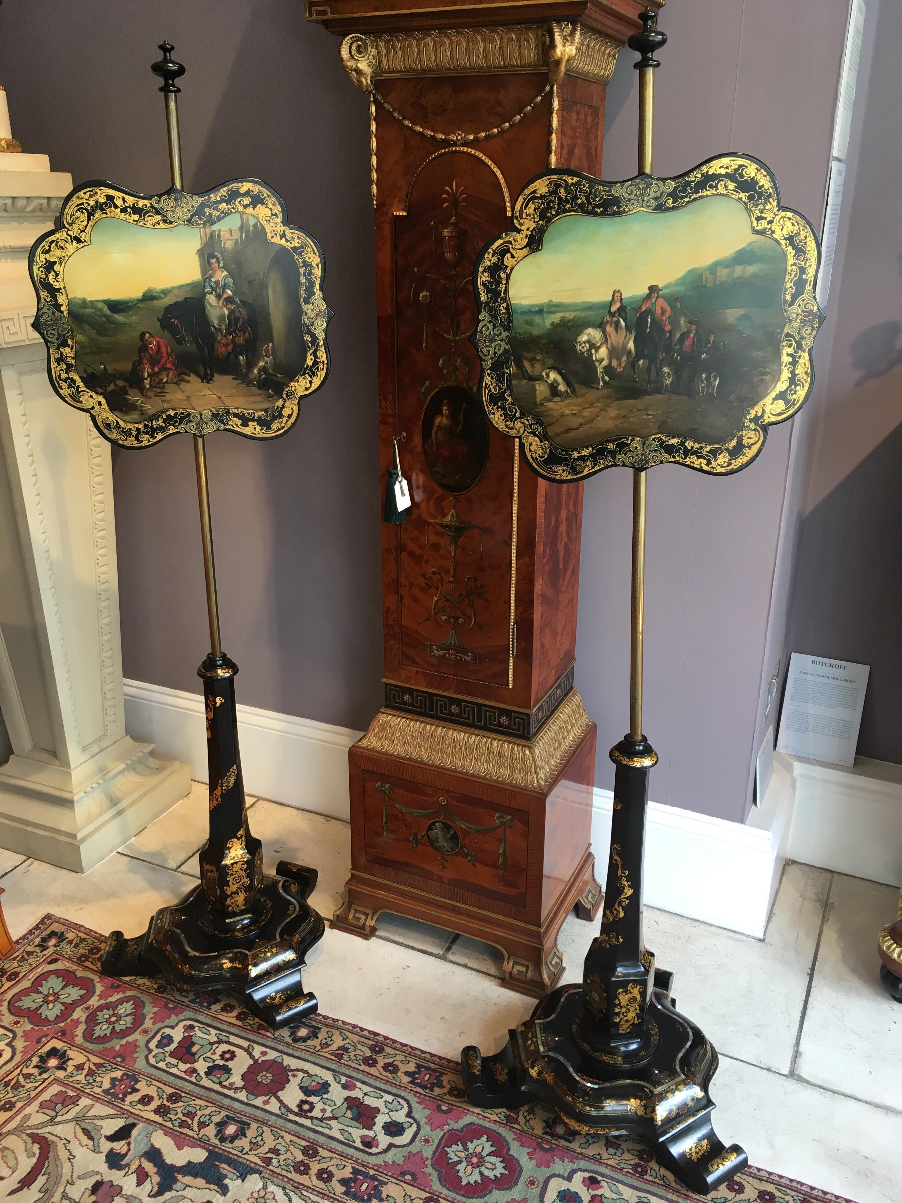 19th Century Pair of English Decorative Pole Screens with Scenes of Landscapes For Sale