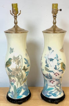 Pair of English Decoupage Yellow-Ground Bird & Botanical Lamps, circa 1970s