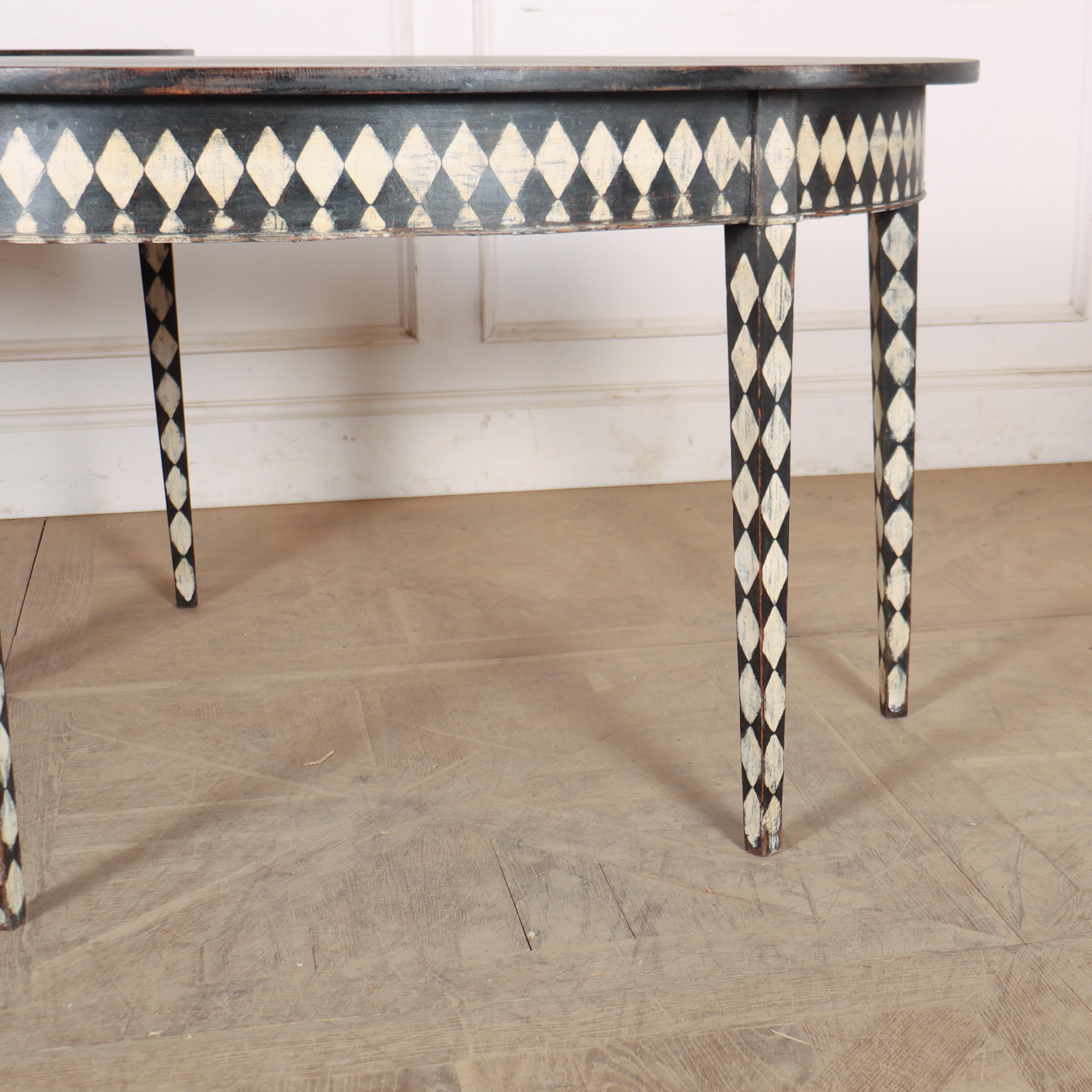 Hand-Painted Pair of English Demi-lune Console Tables For Sale