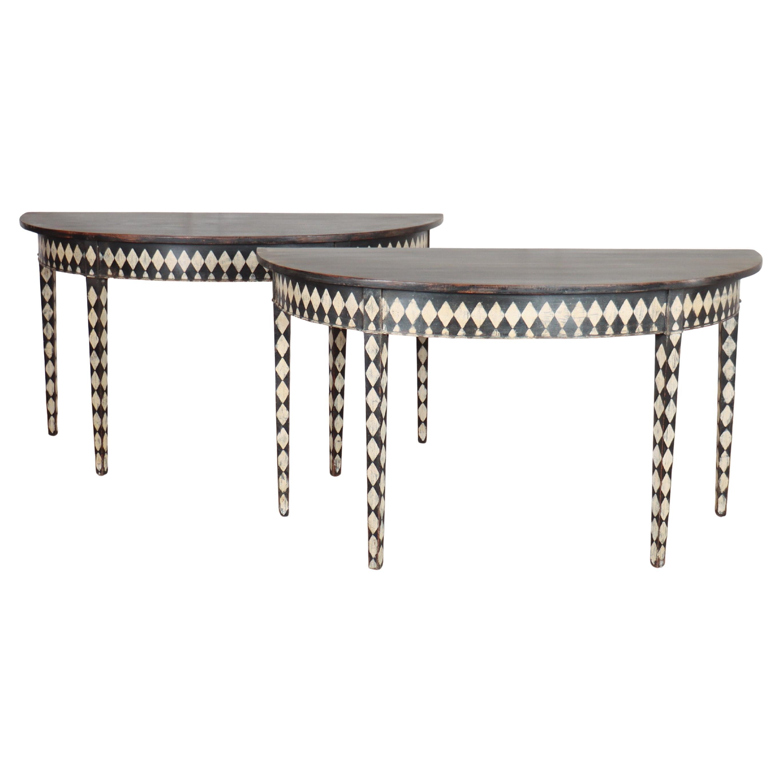 Pair of English Demi-lune Console Tables For Sale