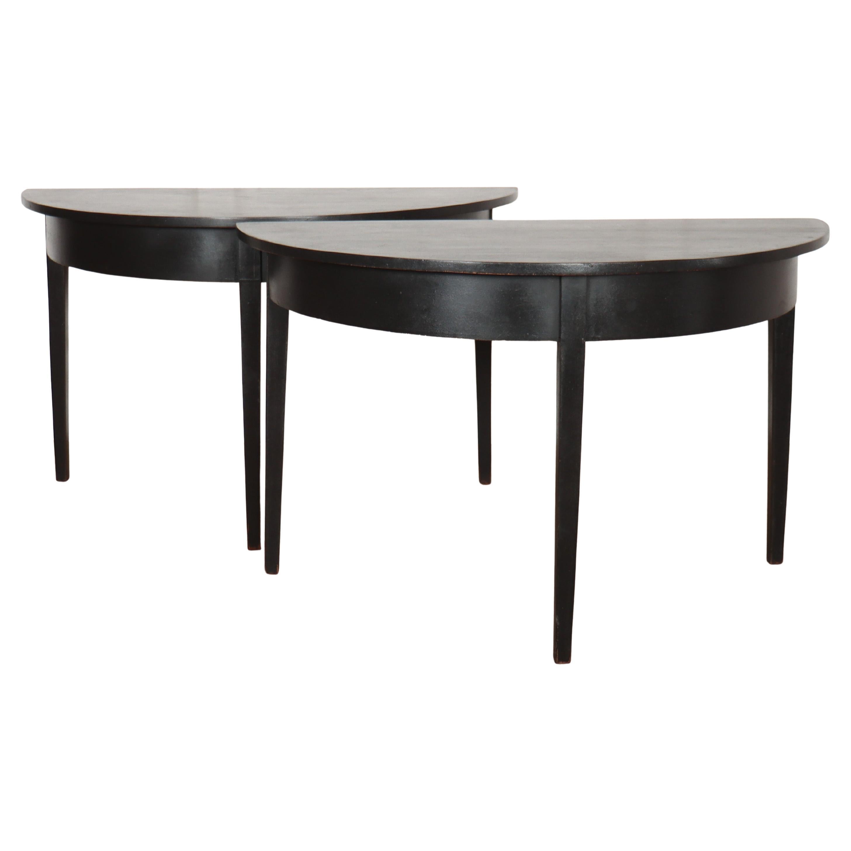 Pair of English Demi-lune Console Tables For Sale