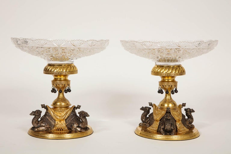 Anglo-Indian Pair of English Doré & Silvered Bronze Camel Centrepieces for Orientalist Market For Sale