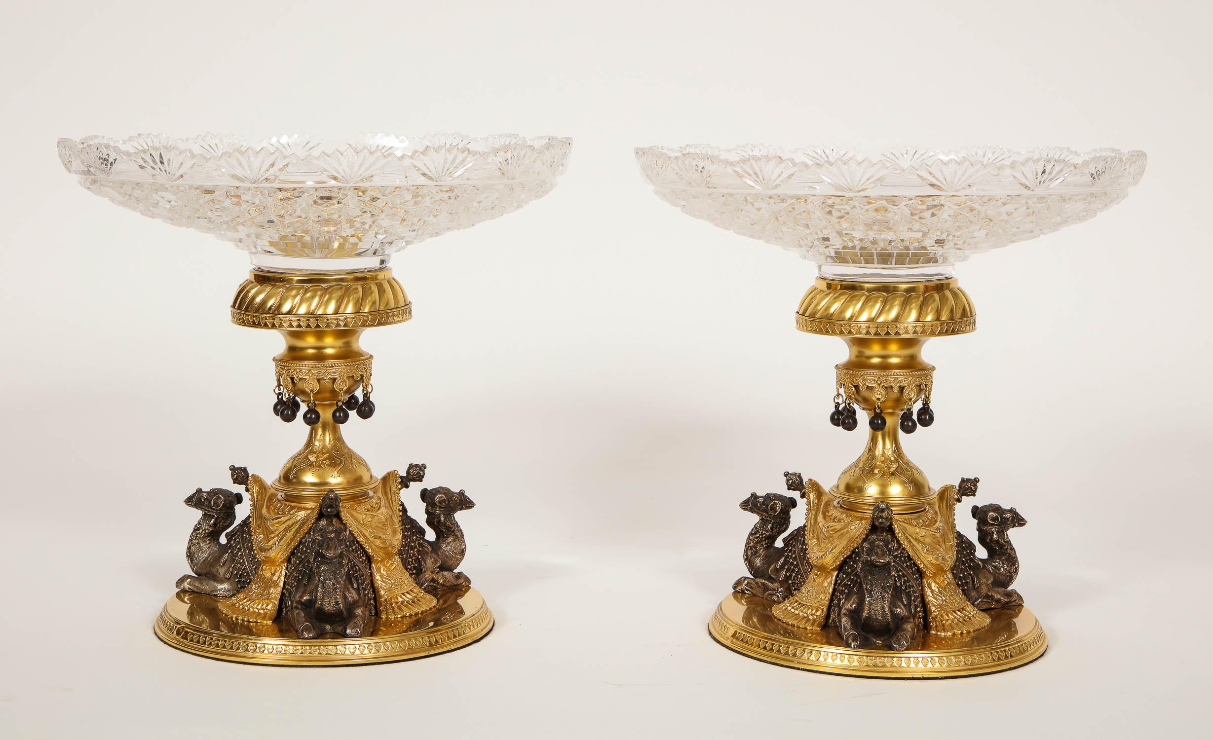 Gilt Pair of English Doré & Silvered Bronze Camel Centrepieces for Orientalist Market For Sale
