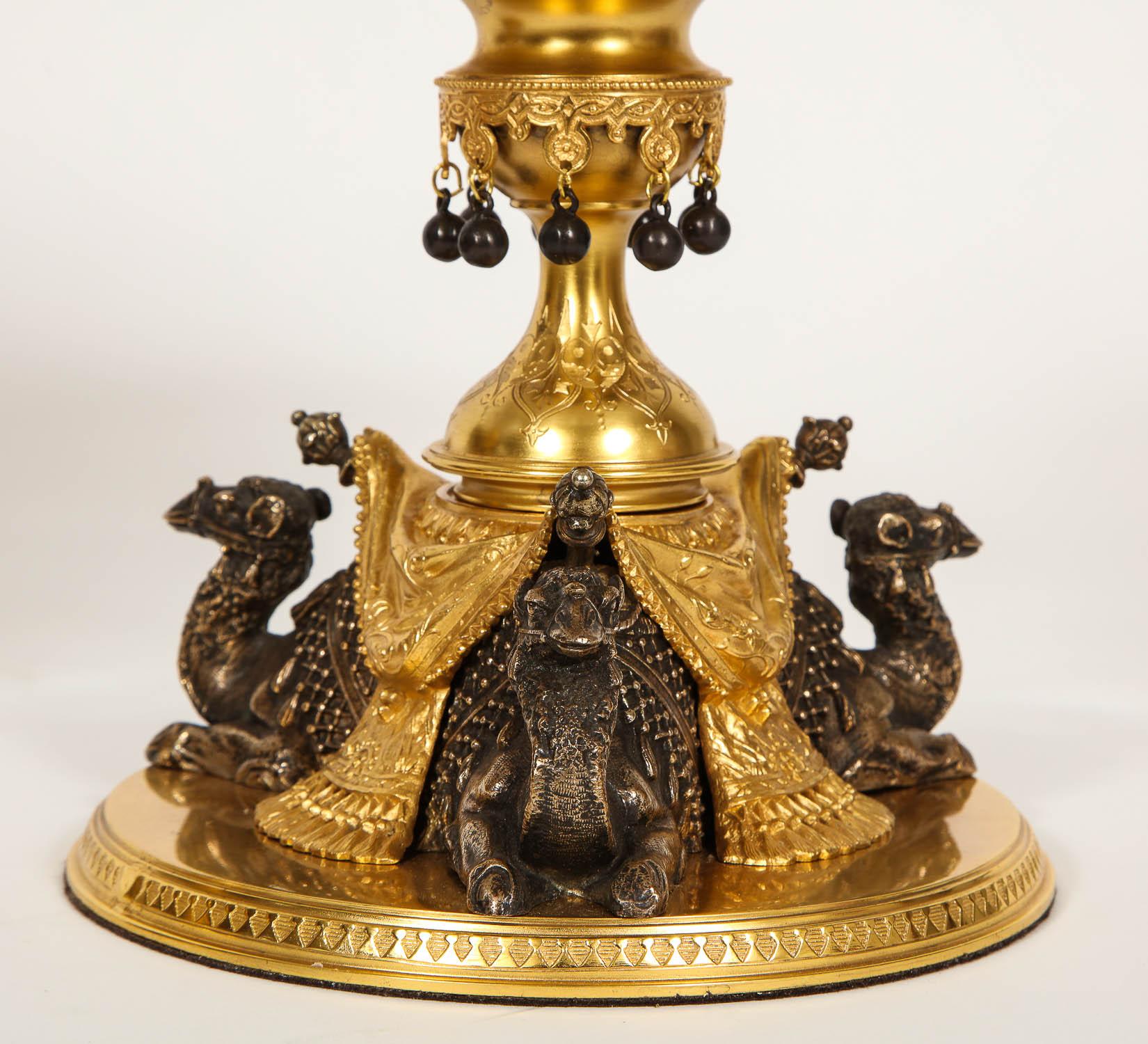 19th Century Pair of English Doré & Silvered Bronze Camel Centrepieces for Orientalist Market For Sale
