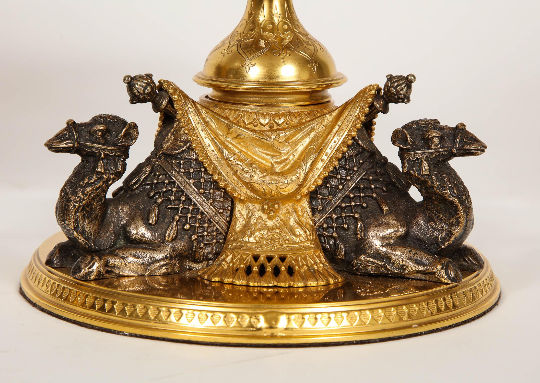 Crystal Pair of English Doré & Silvered Bronze Camel Centrepieces for Orientalist Market For Sale