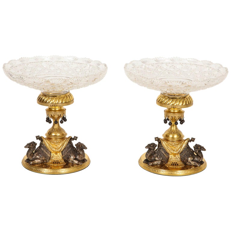 Pair of English Doré & Silvered Bronze Camel Centrepieces for Orientalist Market For Sale