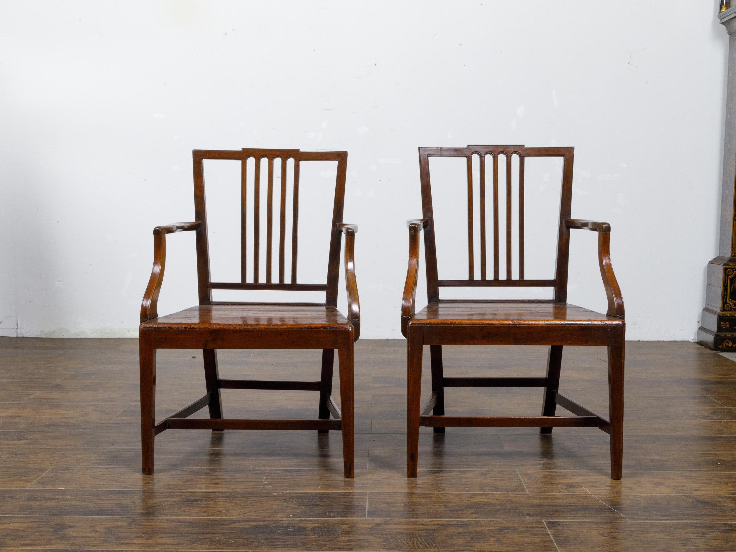 Pair of English Early 19th Century Plank Seat Chairs with Scrolling Arms For Sale 5