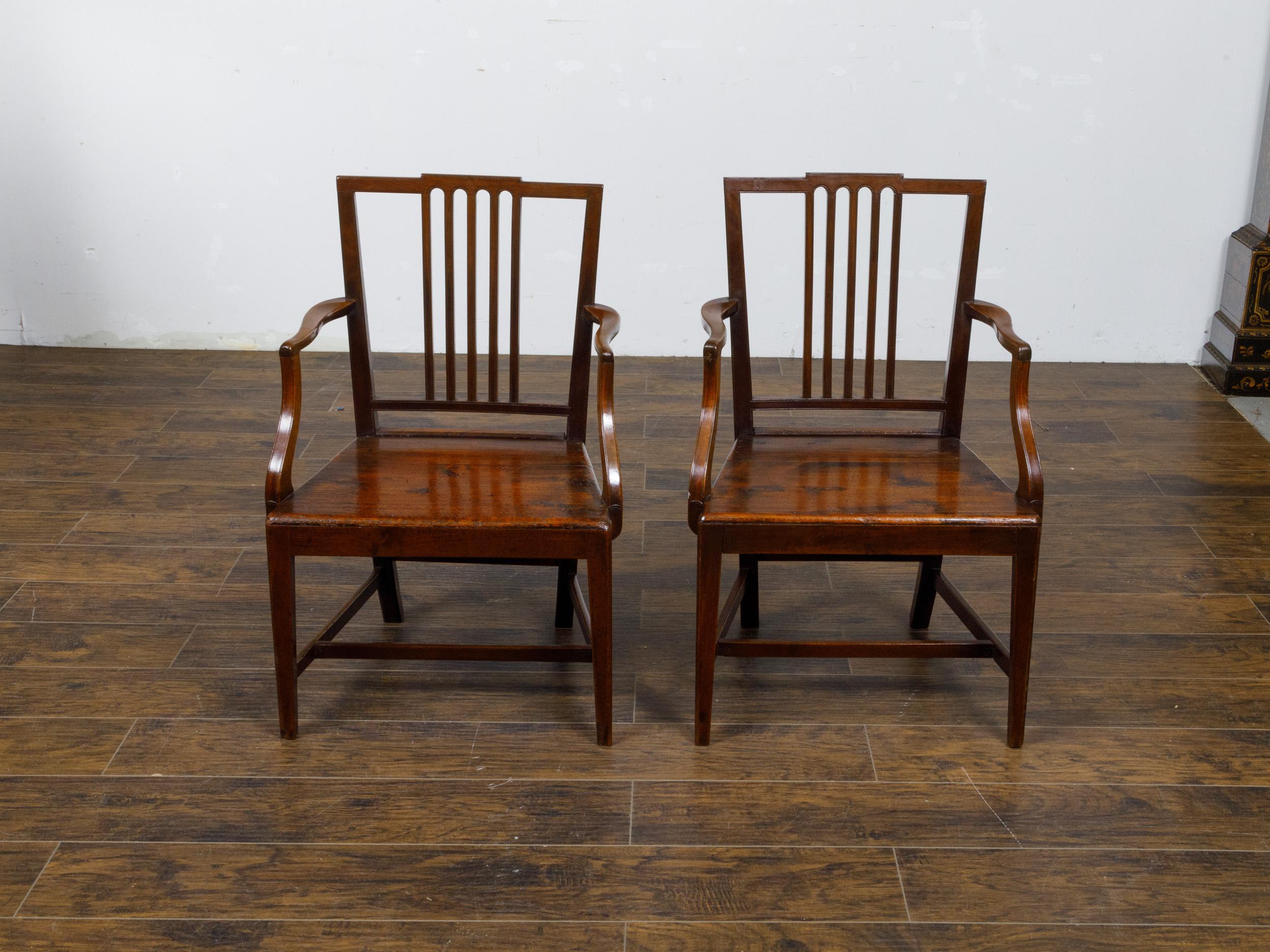 Pair of English Early 19th Century Plank Seat Chairs with Scrolling Arms For Sale 6