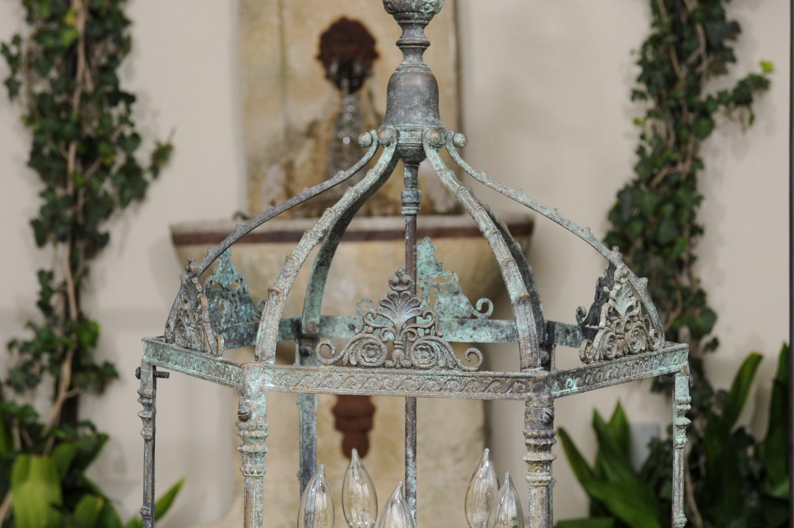 Pair of English Edwardian 1900s Five-Light Bronze Lanterns with Verdigris Patina 4