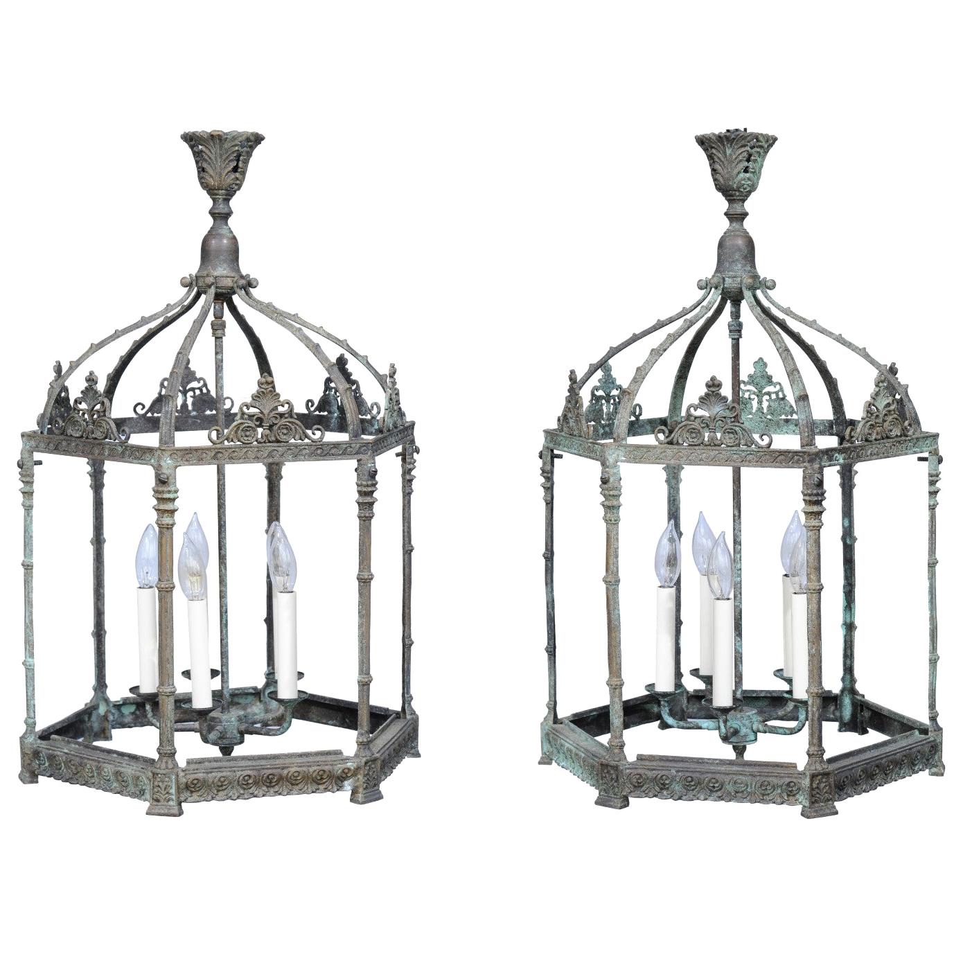 Pair of English Edwardian 1900s Five-Light Bronze Lanterns with Verdigris Patina