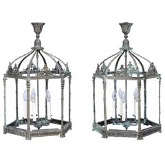 Pair of English Edwardian 1900s Five-Light Bronze Lanterns with Verdigris Patina