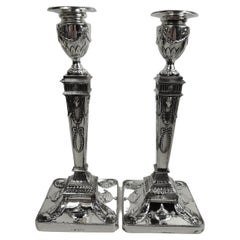 Pair of English Edwardian Classical Sterling Silver Candlesticks