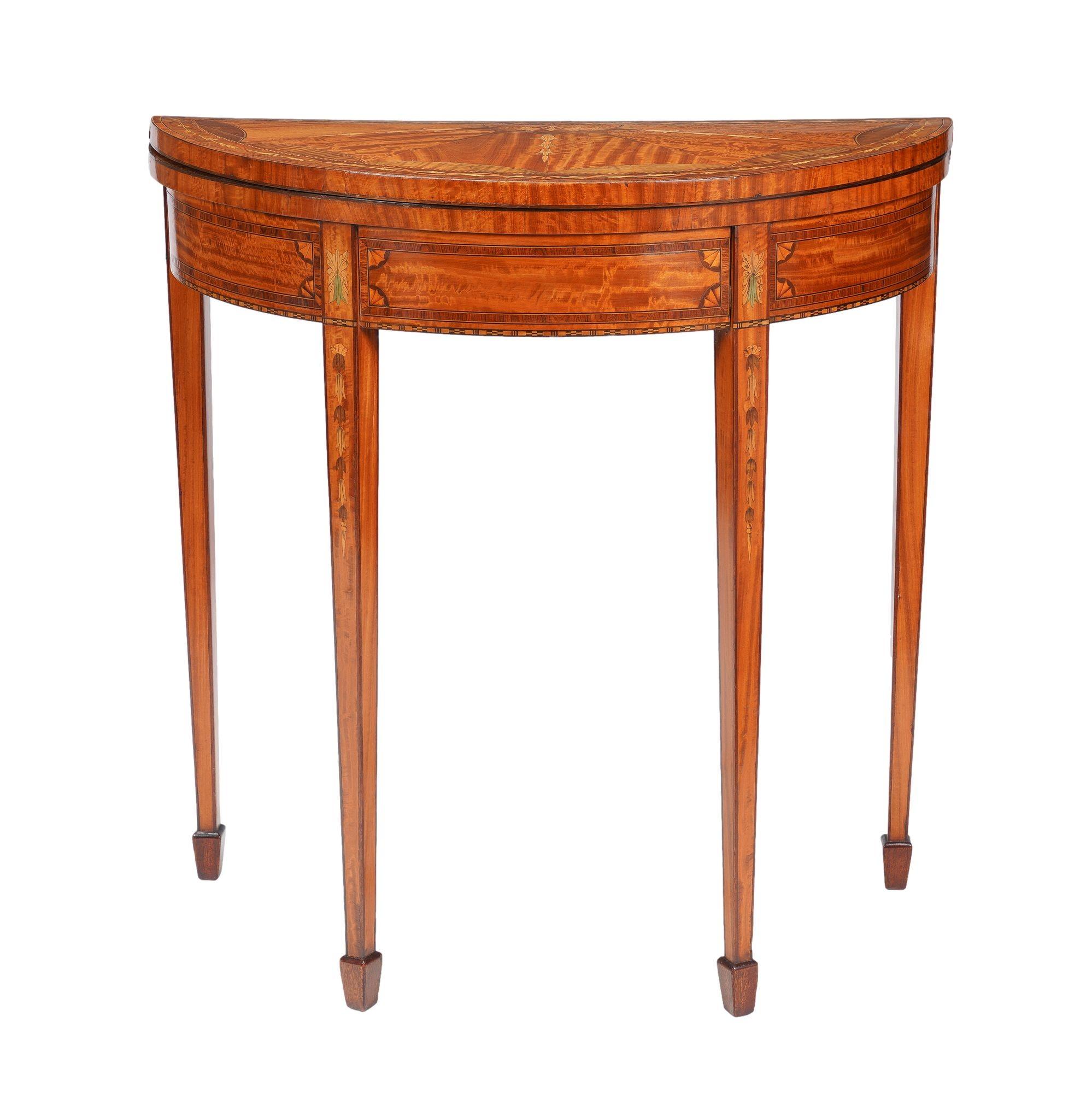 Pair of English Edwardian marquetry flip top demilune tables, c. 1890-1915 For Sale 7