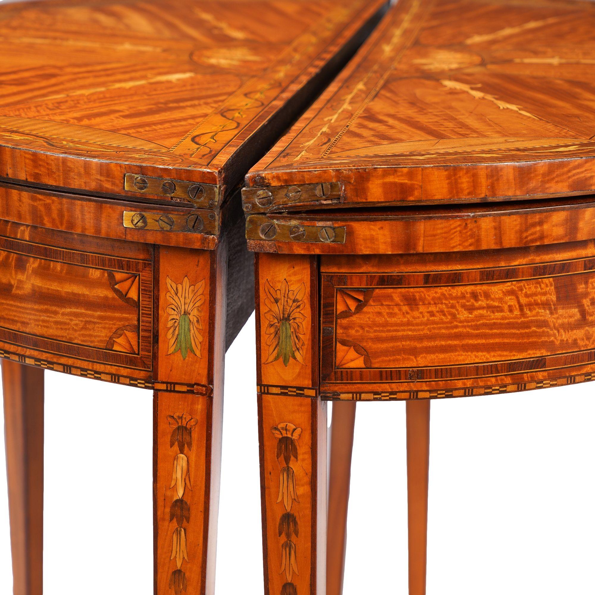 British Pair of English Edwardian marquetry flip top demilune tables, c. 1890-1915 For Sale