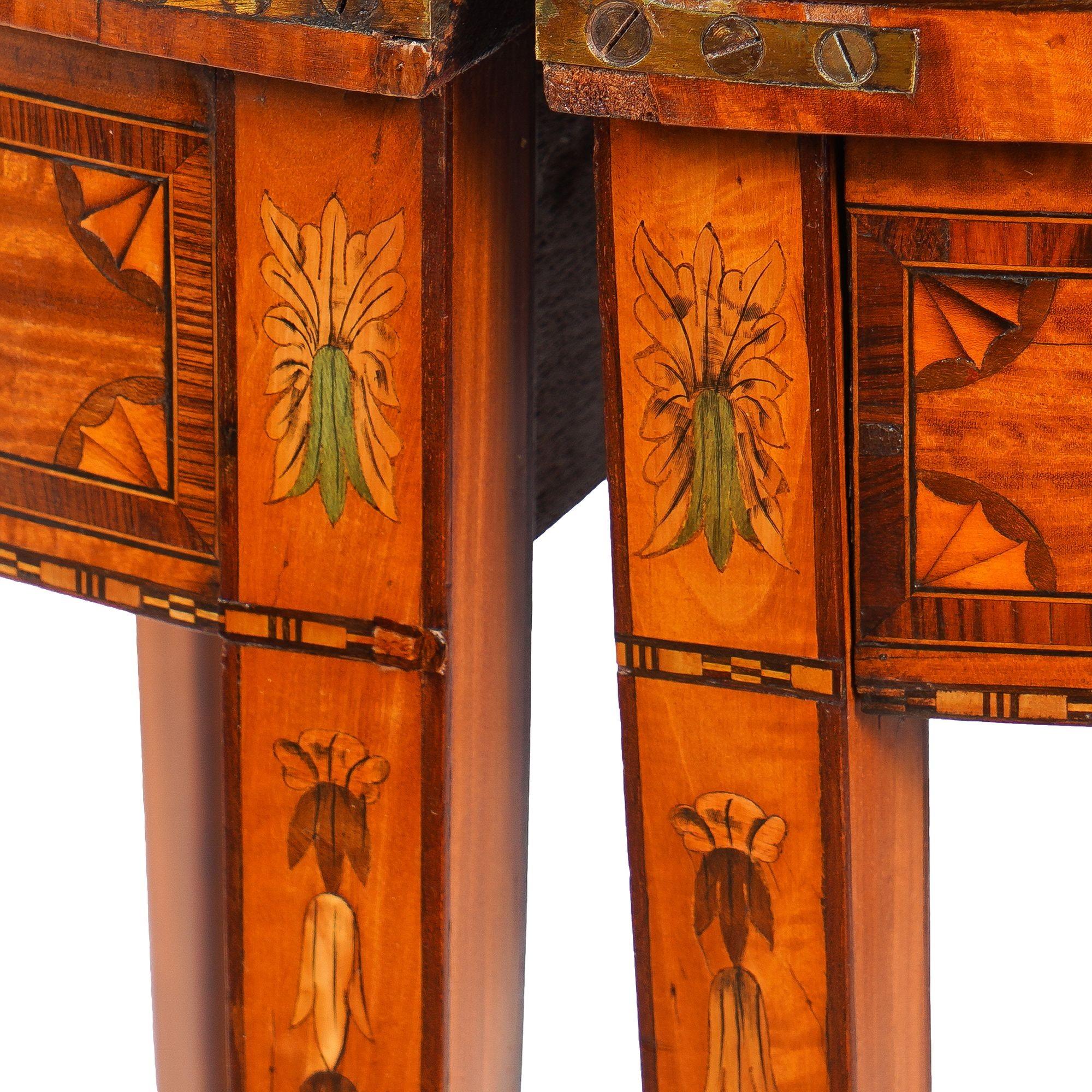 Pair of English Edwardian marquetry flip top demilune tables, c. 1890-1915 In Good Condition For Sale In Kenilworth, IL