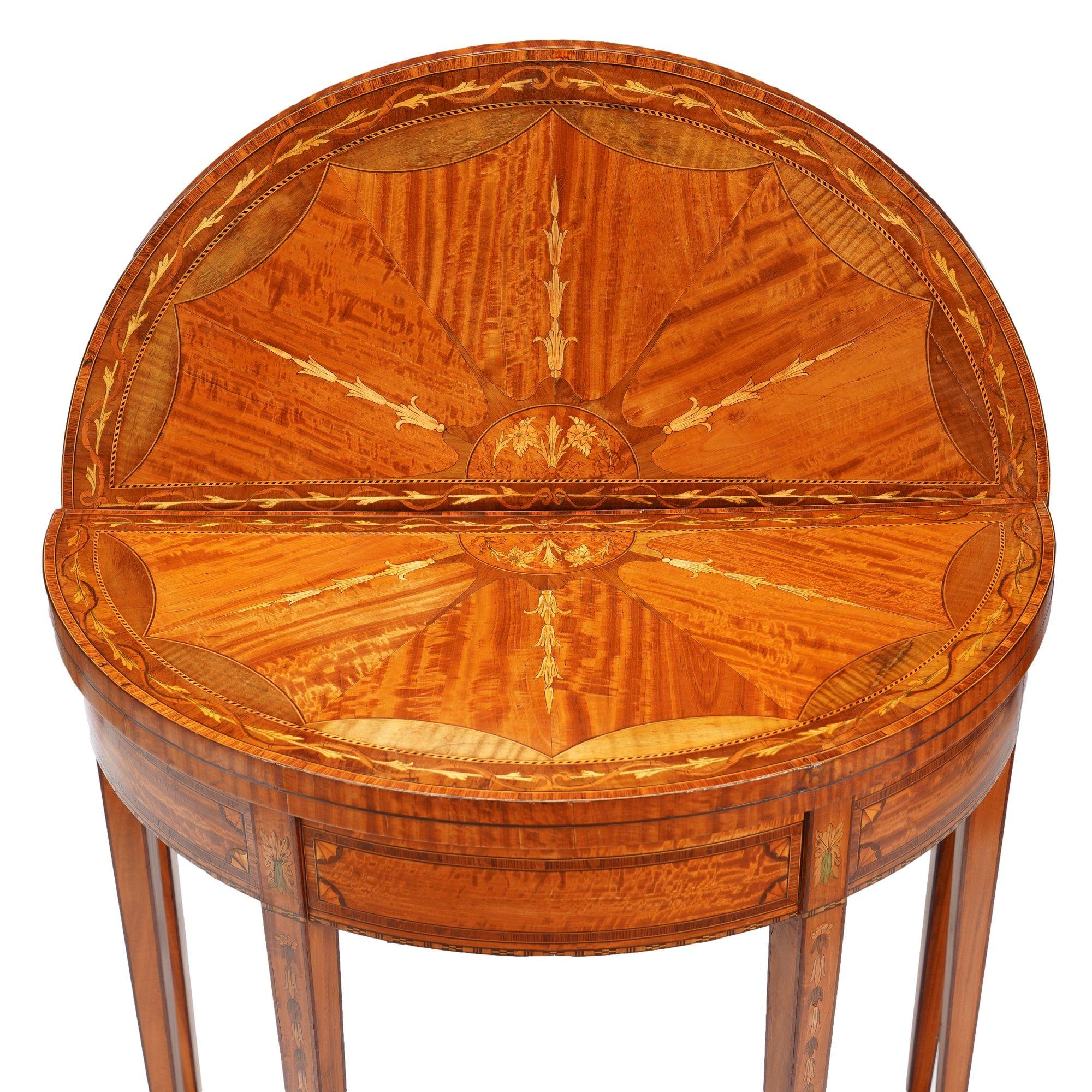 19th Century Pair of English Edwardian marquetry flip top demilune tables, c. 1890-1915 For Sale