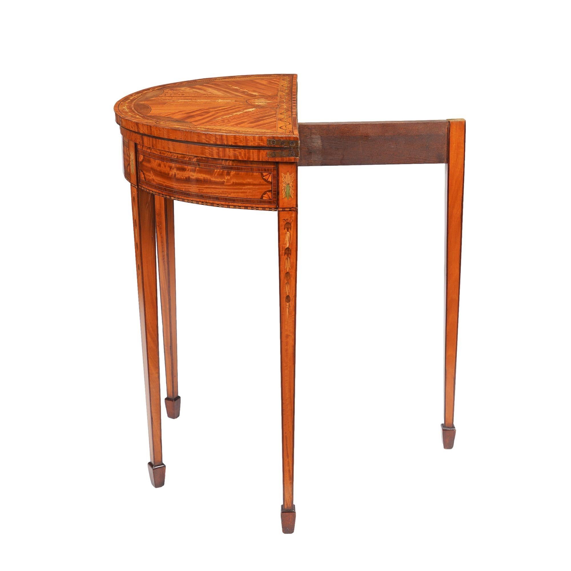 Pair of English Edwardian marquetry flip top demilune tables, c. 1890-1915 For Sale 1