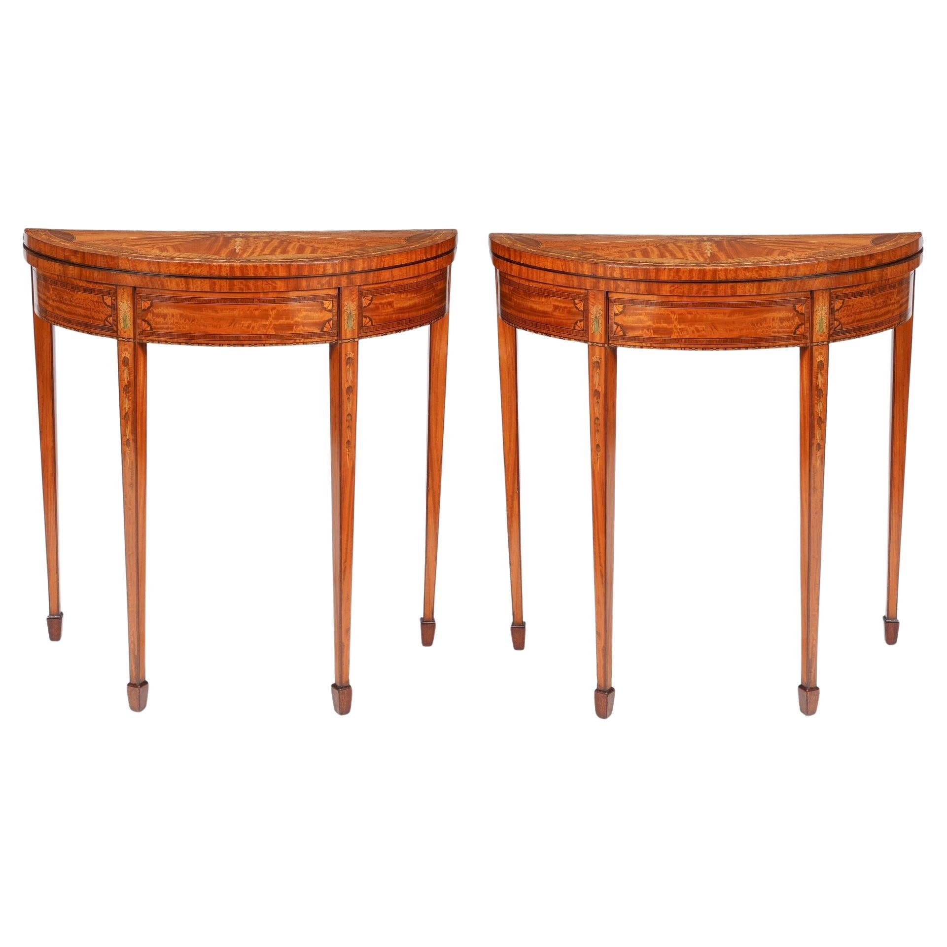 Pair of English Edwardian marquetry flip top demilune tables, c. 1890-1915 For Sale