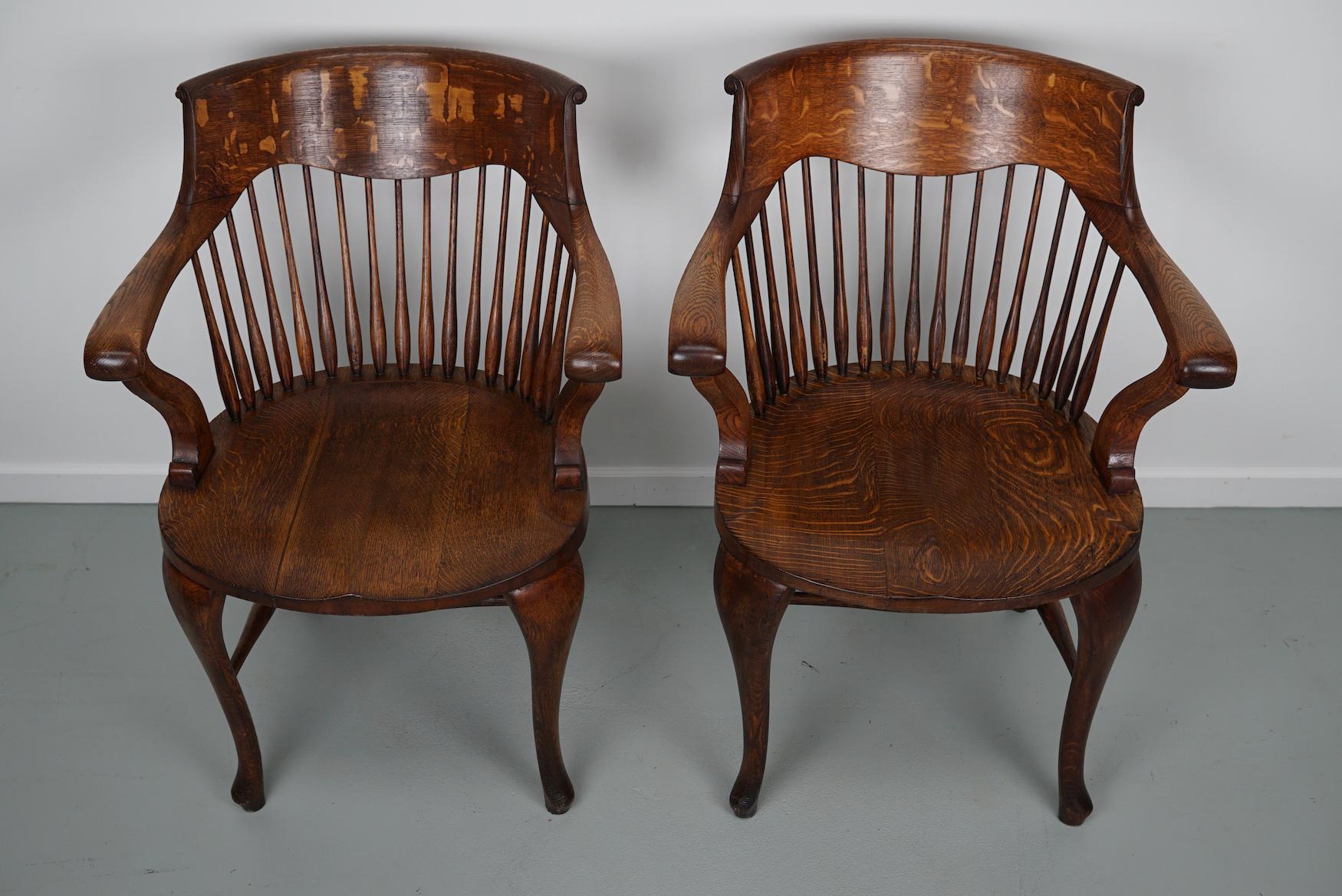 Pair of English Edwardian Oak Spindle Back Captains Office Desk Chairs For Sale 7
