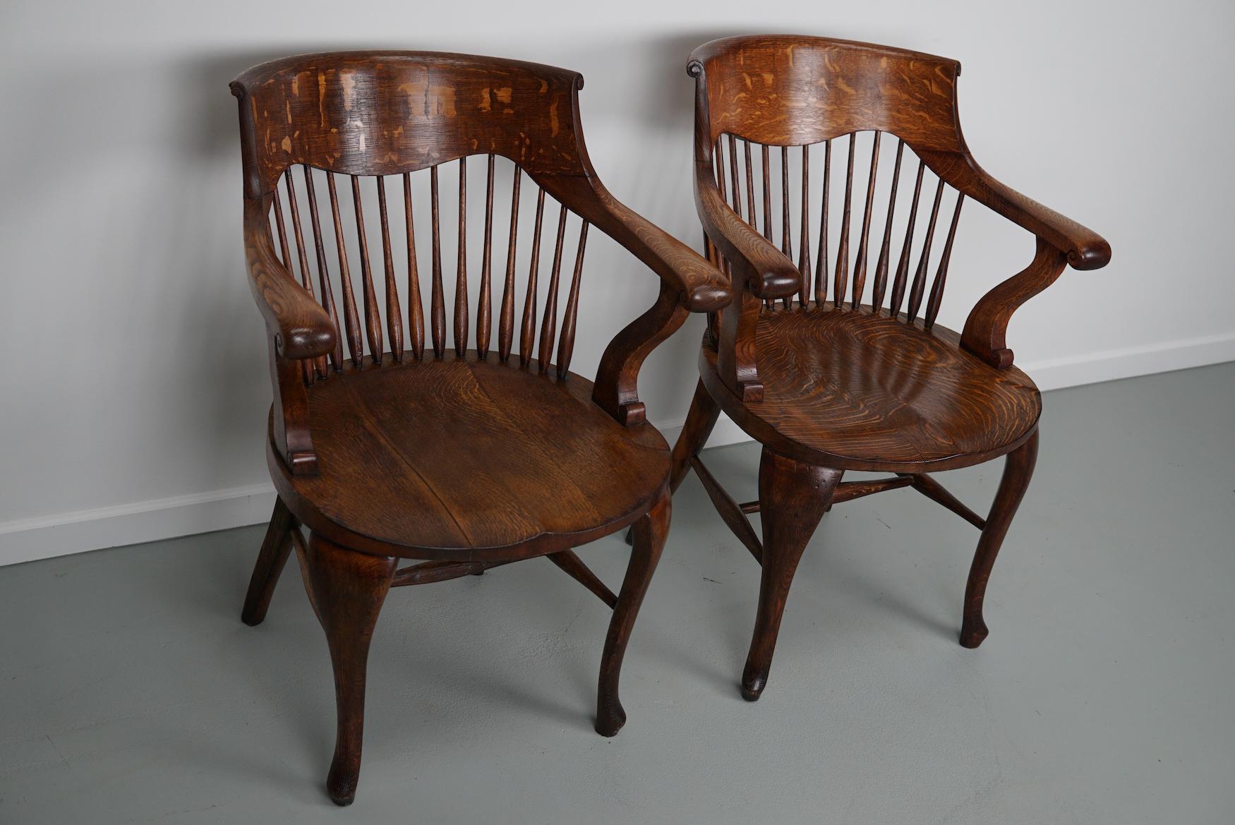 Pair of English Edwardian Oak Spindle Back Captains Office Desk Chairs For Sale 8
