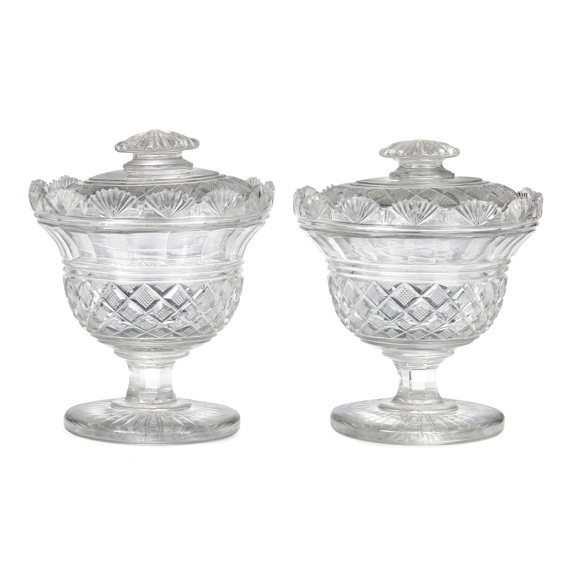 Pair of English engraved and cut glass sweet bowls
English, 20th century
Measures: height 16cm, diameter 12cm

With a quaint, humble and charming character, these near-identical glass bowls were made in England during the twentieth century, and