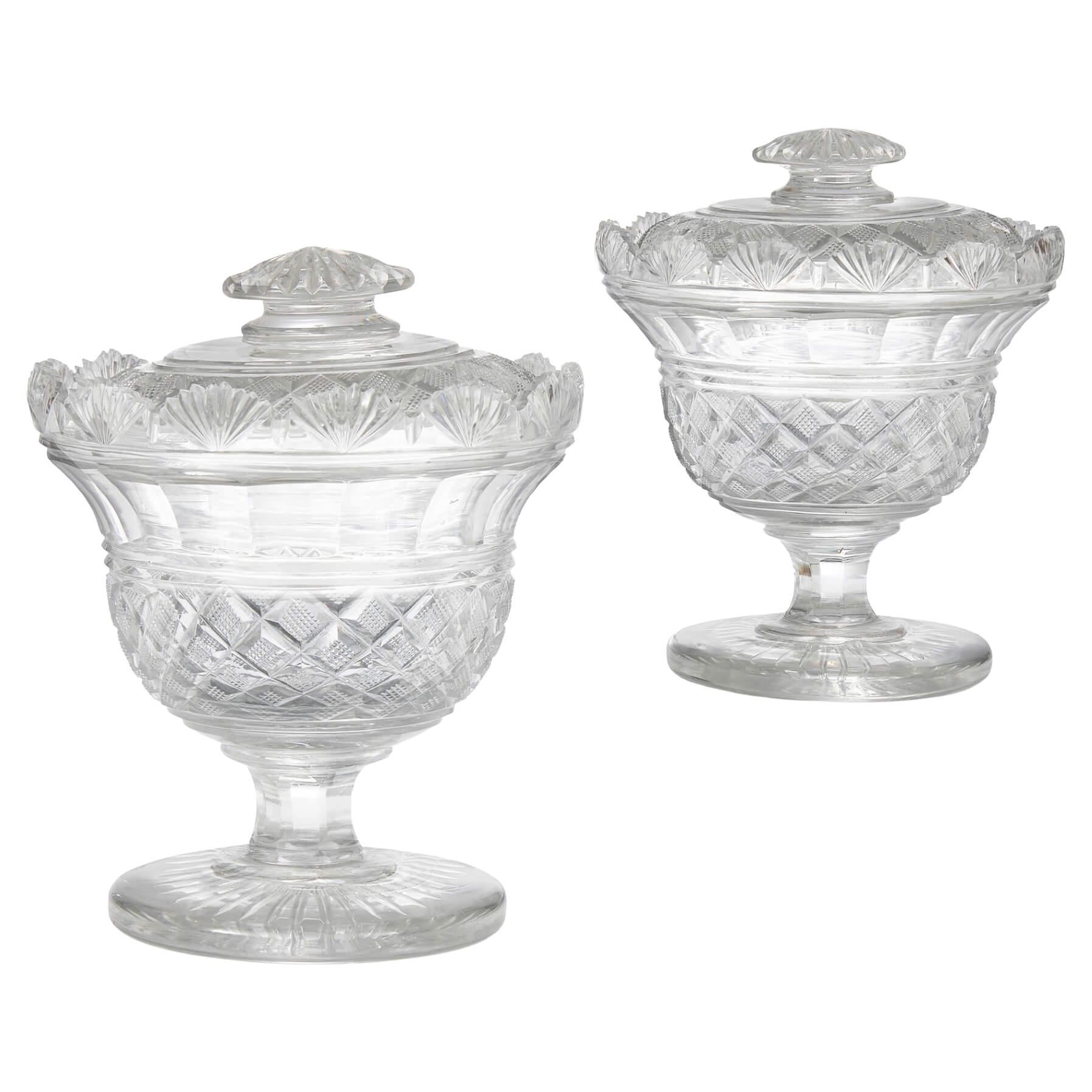 Pair of English Engraved and Cut Glass Sweet Bowls For Sale