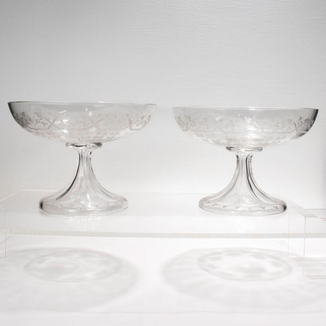Edwardian Pair of English Etched & Cut Glass Footed Bowls or Compotes For Sale