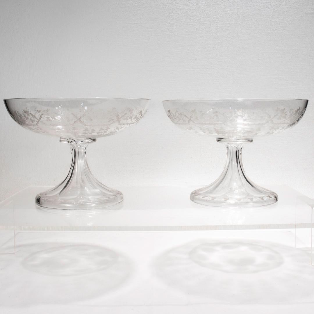 Pair of English Etched & Cut Glass Footed Bowls or Compotes In Good Condition For Sale In Philadelphia, PA