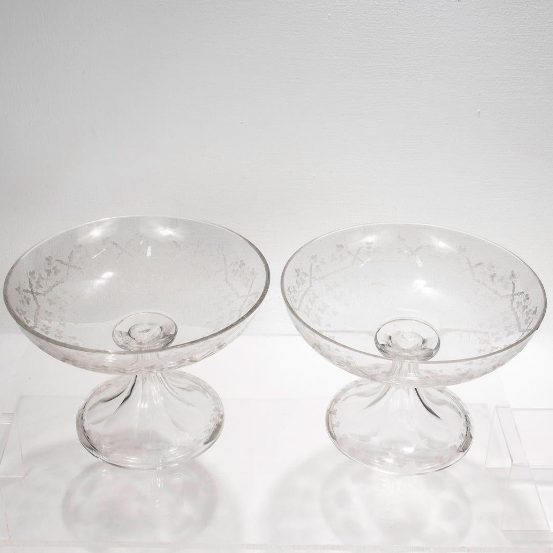 19th Century Pair of English Etched & Cut Glass Footed Bowls or Compotes For Sale