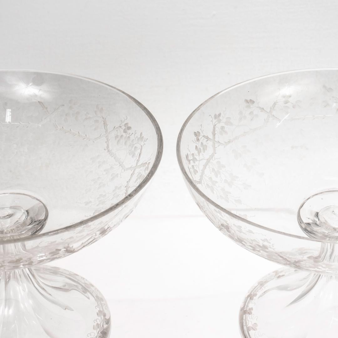 Pair of English Etched & Cut Glass Footed Bowls or Compotes For Sale 1