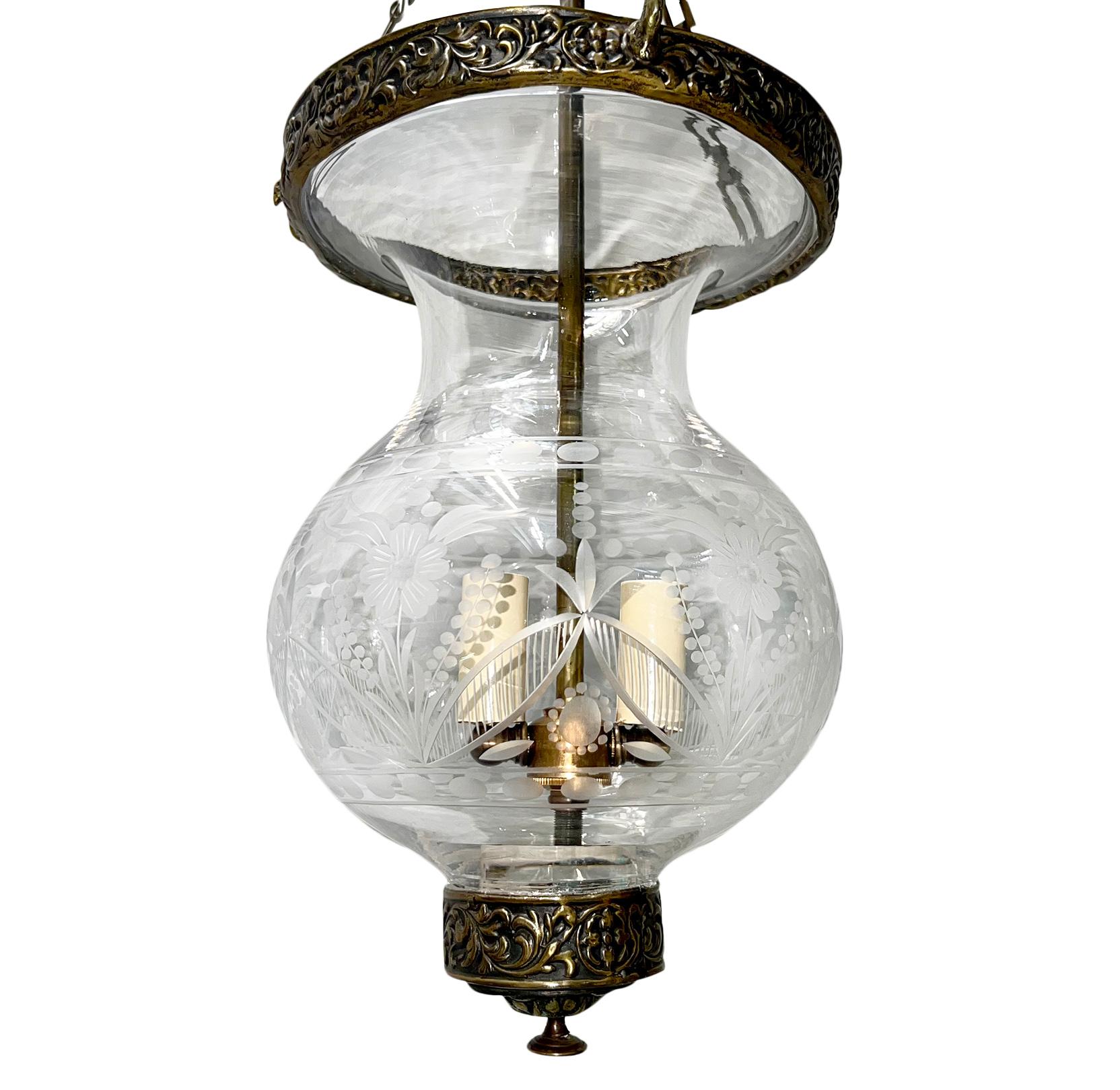 Pair of English Etched Glass Lanterns, Sold Individually In Good Condition For Sale In New York, NY