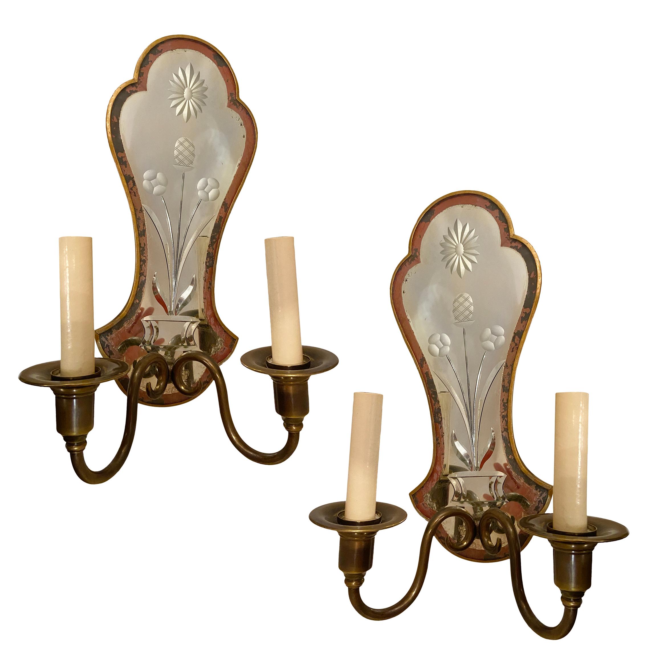 Pair of English Etched Mirror Sconces For Sale 1