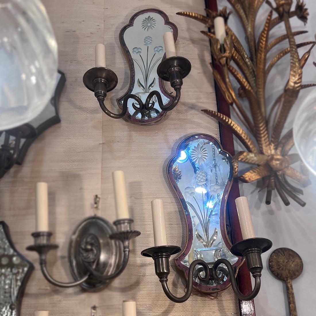 Pair of English Etched Mirror Sconces For Sale 2